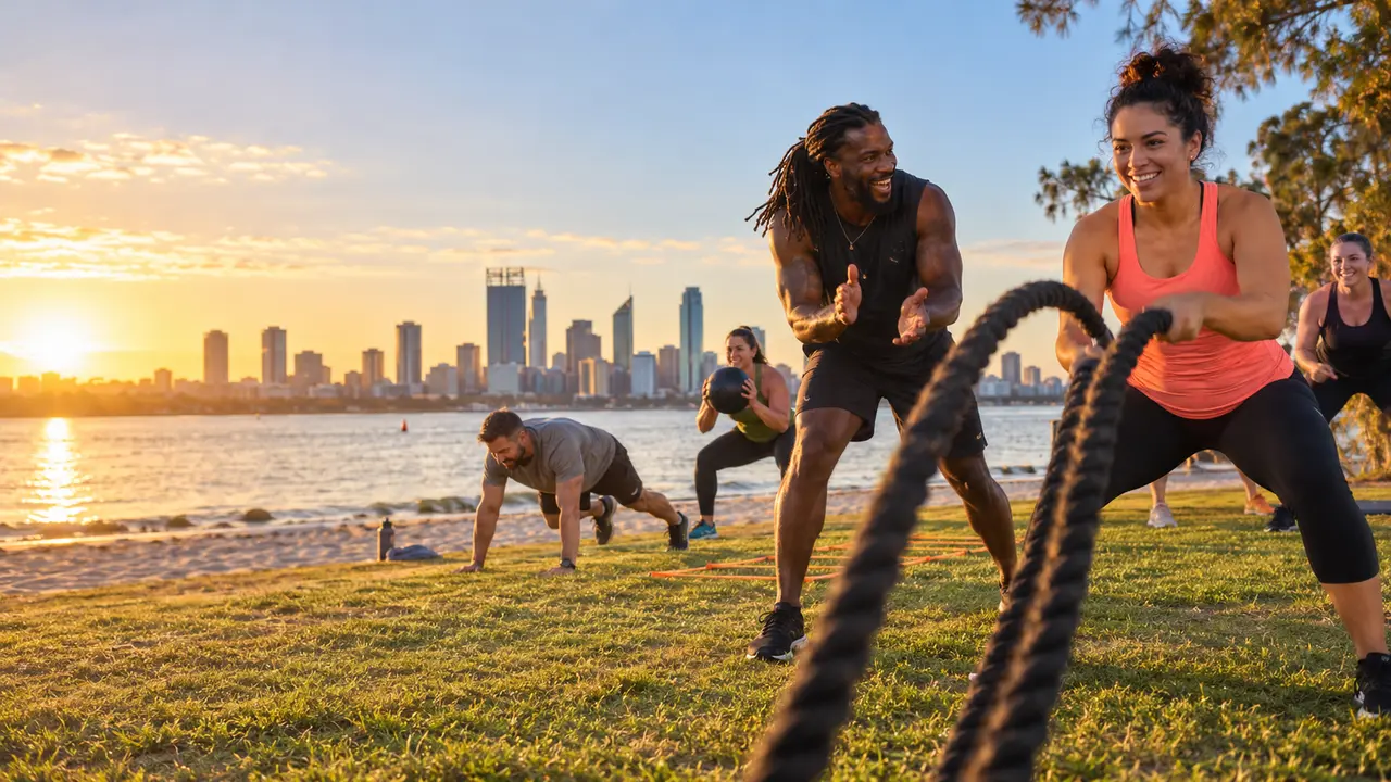 Outdoor group fitness session beside the water at sunrise